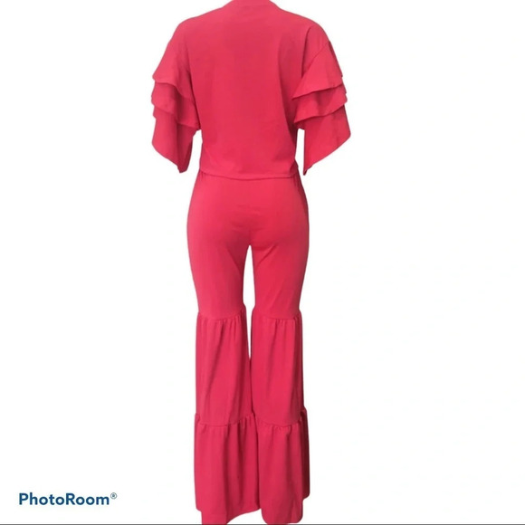 Red Flare pants suit Two piece set - Picture 4 of 6